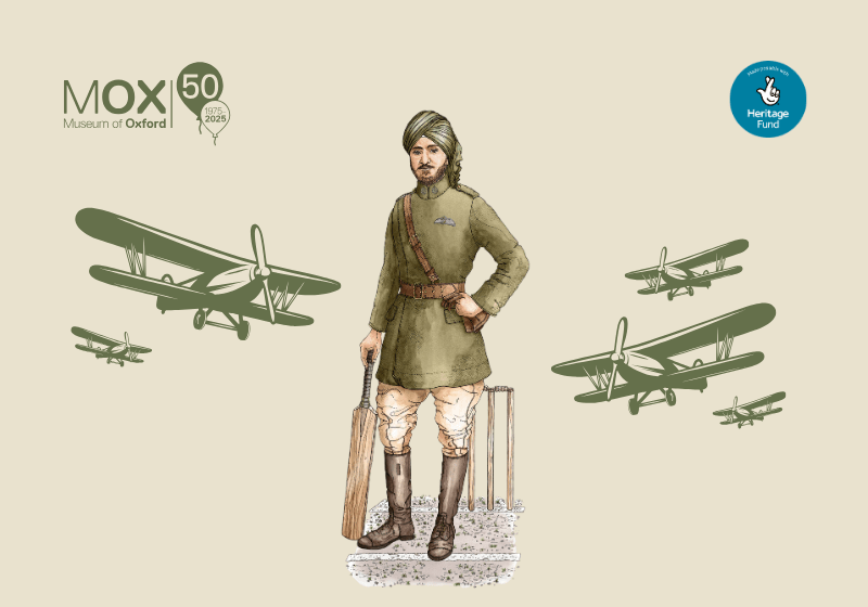 An drawing of Hardit Singh Malik on a khaki coloured background. The central figure is surrounded by planes.