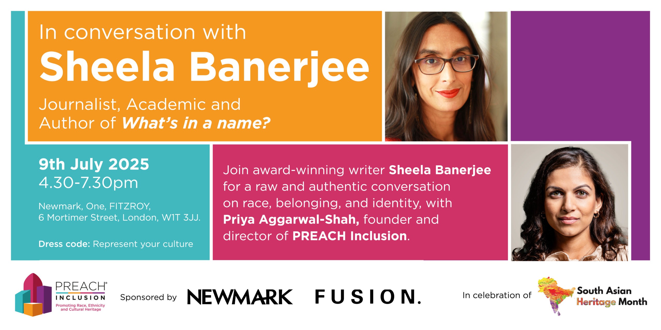 Graphic showing event details for 'In Conversation With Sheela Banerjee'. There are two head shots: one of Priya Aggarwal-Shah and the other of Sheela Banerjee. There is a short description of the event, along with timings, dress code and location.